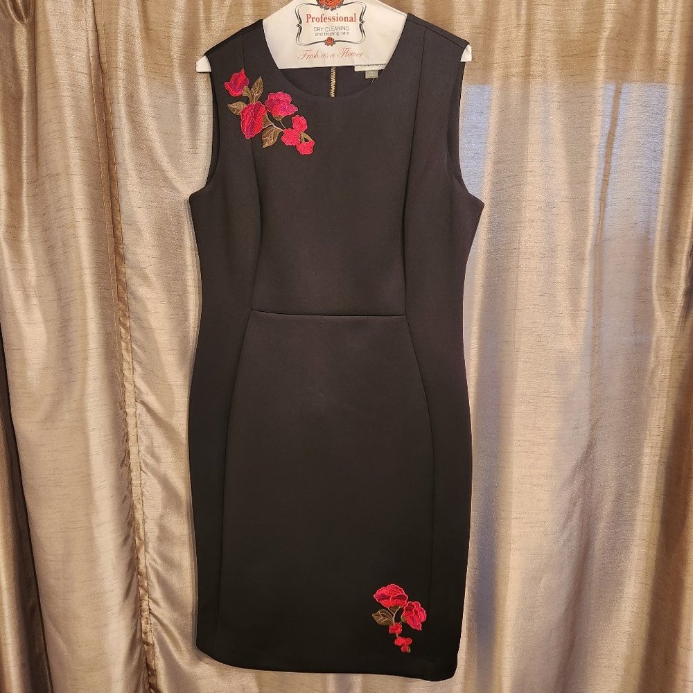 Calvin Klein Black Sheath Dress with Red Flowers